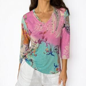 Y2K Pashma Silk Cashmere Paisley Print Knit Top XL